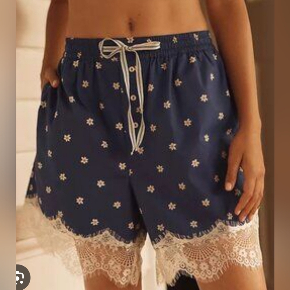 Anthropologie Navy Blue Floral Lace-Trim Shorts